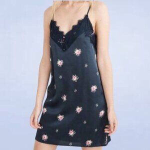 Abercrombie and Fitch Blue Floral Satin Lace V-Neck Slip Dress‎ - Size Small